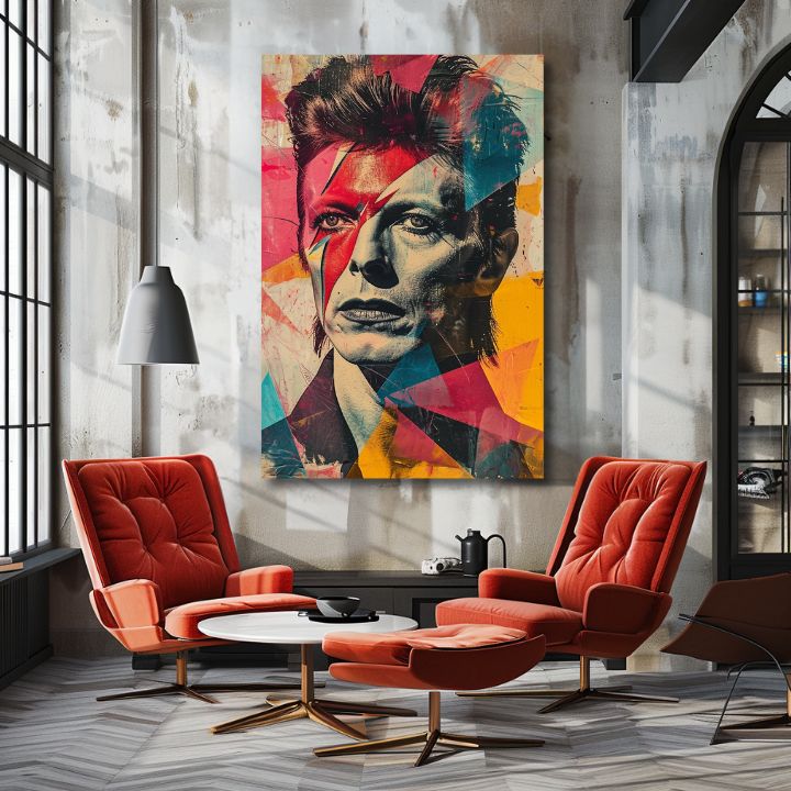 Modern vászonkép motívummal: arc piros-türkiz árnyalatokban, energikus hangulat, rock and roll és dicsőség | David Bowie vászonkép - Rebel s dušou umelca – termék