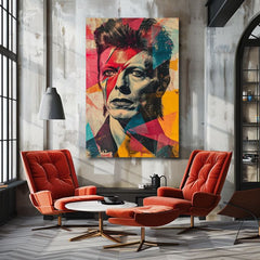 Modern vászonkép motívummal: arc piros-türkiz árnyalatokban, energikus hangulat, rock and roll és dicsőség | David Bowie vászonkép - Rebel s dušou umelca – termék