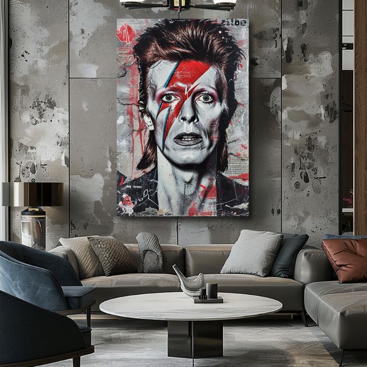 Modern vászonkép motívummal: Davida Bowieho - Ikona hudby és štýlu fehér-fekete árnyalatokban, intenzív hangulat, zenei történelem és ikonográfia – termék