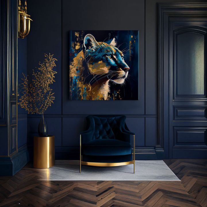 Art deco vászonkép motívummal: PREMIUM ART - Silent Puma's Gaze, táj, természet kék-arany árnyalatokban, fenséges hangulat, alkalmas a dolgozószoba számára – termék