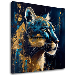 Art deco vászonkép motívummal: PREMIUM ART - Silent Puma's Gaze, táj, természet kék-arany árnyalatokban, fenséges hangulat, alkalmas a dolgozószoba számára – fő