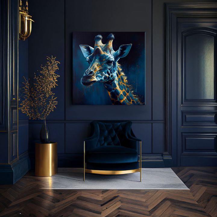 Pop art vászonkép motívummal: PREMIUM ART - Towering Majesty of Giraffe, táj, természet kék-arany árnyalatokban, természet, alkalmas a dolgozószoba számára – termék, nézet 2