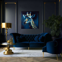 Pop art vászonkép motívummal: PREMIUM ART - Towering Majesty of Giraffe, táj, természet kék-arany árnyalatokban, természet, alkalmas a dolgozószoba számára – termék, nézet 3