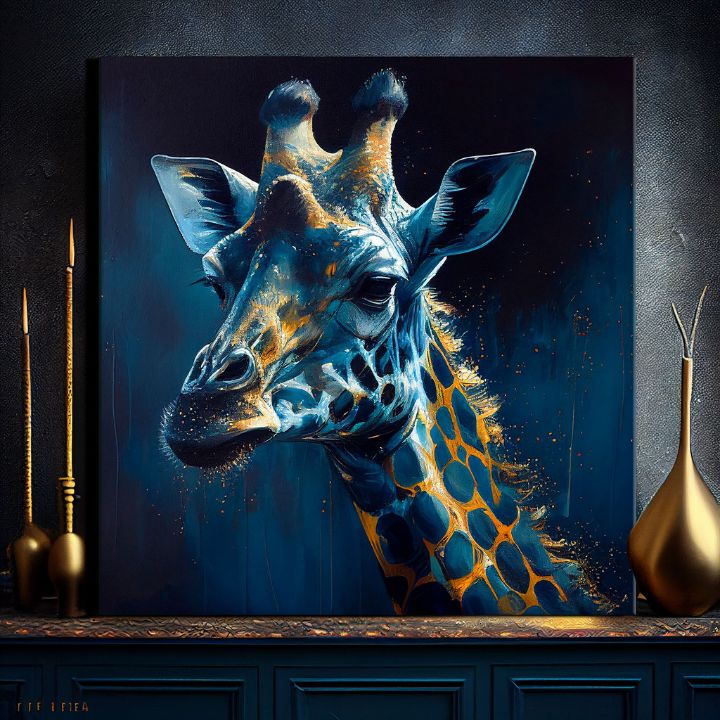 Pop art vászonkép motívummal: PREMIUM ART - Towering Majesty of Giraffe, táj, természet kék-arany árnyalatokban, természet, alkalmas a dolgozószoba számára – termék