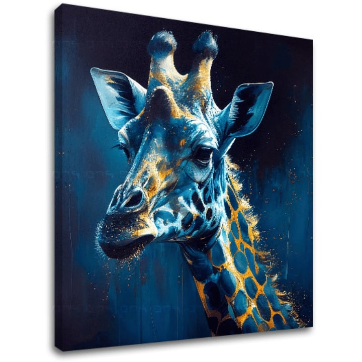 Pop art vászonkép motívummal: PREMIUM ART - Towering Majesty of Giraffe, táj, természet kék-arany árnyalatokban, természet, alkalmas a dolgozószoba számára – fő