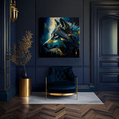 Art deco vászonkép motívummal: PREMIUM ART - Wilderness in Wolf Eyes, vlk kék-arany árnyalatokban, intenzív hangulat, alkalmas a dolgozószoba számára – termék, nézet 2