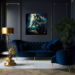 Art deco vászonkép motívummal: PREMIUM ART - Wilderness in Wolf Eyes, vlk kék-arany árnyalatokban, intenzív hangulat, alkalmas a dolgozószoba számára – termék, nézet 3