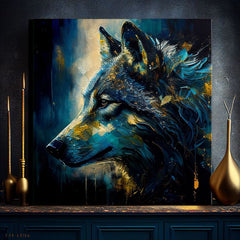 Art deco vászonkép motívummal: PREMIUM ART - Wilderness in Wolf Eyes, vlk kék-arany árnyalatokban, intenzív hangulat, alkalmas a dolgozószoba számára – termék