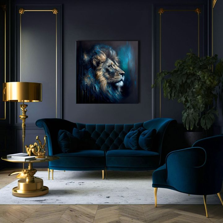 Art deco vászonkép motívummal: PREMIUM ART - Lion's Strength and Grace, oroszlán kék-narancs árnyalatokban, fenséges hangulat, alkalmas a iroda számára – termék, nézet 3