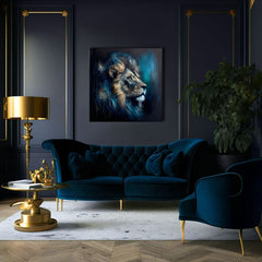 Art deco vászonkép motívummal: PREMIUM ART - Lion's Strength and Grace, oroszlán kék-narancs árnyalatokban, fenséges hangulat, alkalmas a iroda számára – termék, nézet 3