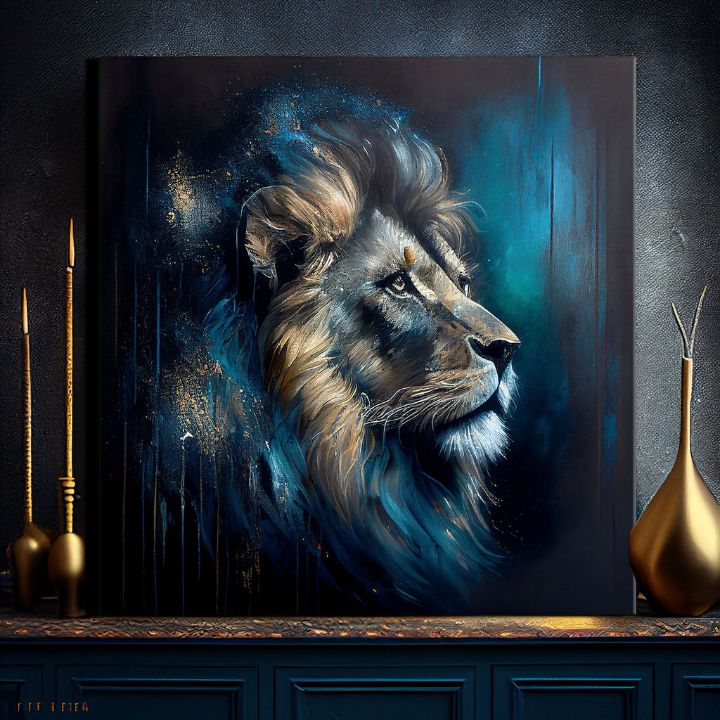 Art deco vászonkép motívummal: PREMIUM ART - Lion's Strength and Grace, oroszlán kék-narancs árnyalatokban, fenséges hangulat, alkalmas a iroda számára – termék