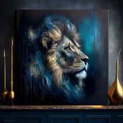 Art deco vászonkép motívummal: PREMIUM ART - Lion's Strength and Grace, oroszlán kék-narancs árnyalatokban, fenséges hangulat, alkalmas a iroda számára – termék