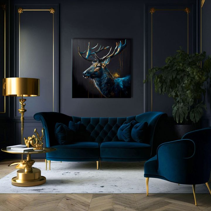 Art deco vászonkép motívummal: PREMIUM ART - Peaceful Forest Guardian, szarvas kék-arany árnyalatokban, fenséges hangulat, alkalmas a dolgozószoba számára – termék, nézet 3