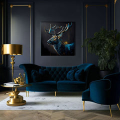 Art deco vászonkép motívummal: PREMIUM ART - Peaceful Forest Guardian, szarvas kék-arany árnyalatokban, fenséges hangulat, alkalmas a dolgozószoba számára – termék, nézet 3