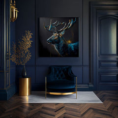 Art deco vászonkép motívummal: PREMIUM ART - Peaceful Forest Guardian, szarvas kék-arany árnyalatokban, fenséges hangulat, alkalmas a dolgozószoba számára – termék