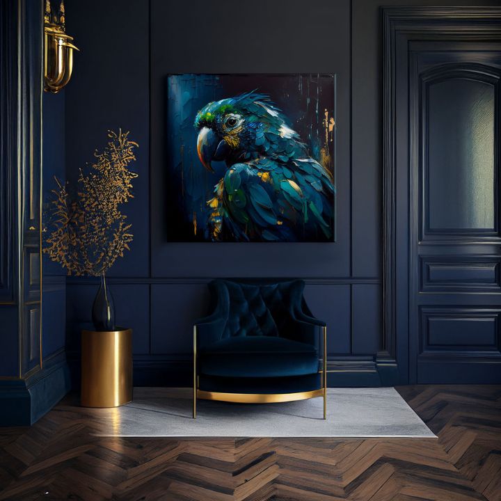 Pop art vászonkép motívummal: PREMIUM ART - Rainbow Feathers in Flight, madár kék-zöld árnyalatokban, drámai hangulat, alkalmas a dolgozószoba számára – termék, nézet 2