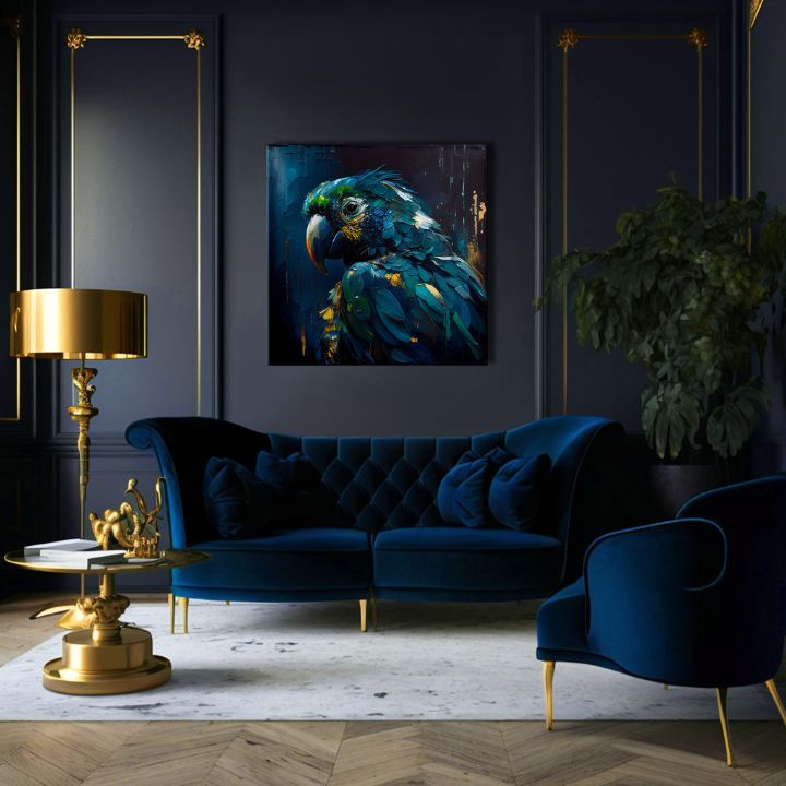 Pop art vászonkép motívummal: PREMIUM ART - Rainbow Feathers in Flight, madár kék-zöld árnyalatokban, drámai hangulat, alkalmas a dolgozószoba számára – termék, nézet 3