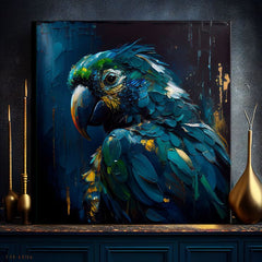 Pop art vászonkép motívummal: PREMIUM ART - Rainbow Feathers in Flight, madár kék-zöld árnyalatokban, drámai hangulat, alkalmas a dolgozószoba számára – termék