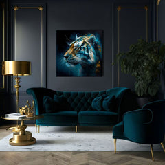 Art deco vászonkép motívummal: PREMIUM ART - Tiger's Mighty Spirit, tigris kék-narancs árnyalatokban, intenzív hangulat, alkalmas a iroda számára – termék, nézet 3
