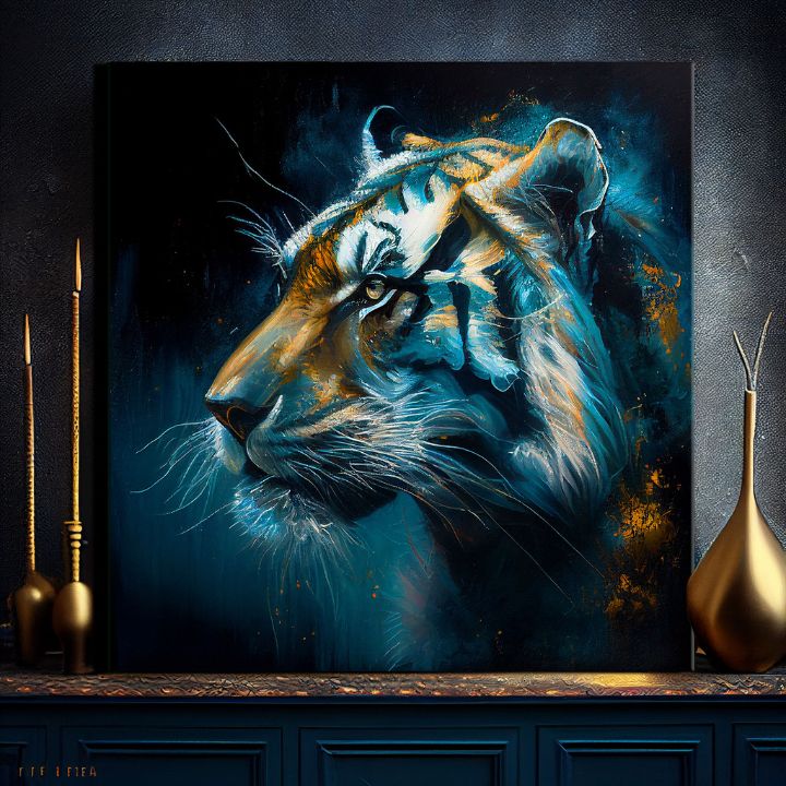 Art deco vászonkép motívummal: PREMIUM ART - Tiger's Mighty Spirit, tigris kék-narancs árnyalatokban, intenzív hangulat, alkalmas a iroda számára – termék