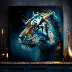 Art deco vászonkép motívummal: PREMIUM ART - Tiger's Mighty Spirit, tigris kék-narancs árnyalatokban, intenzív hangulat, alkalmas a iroda számára – termék