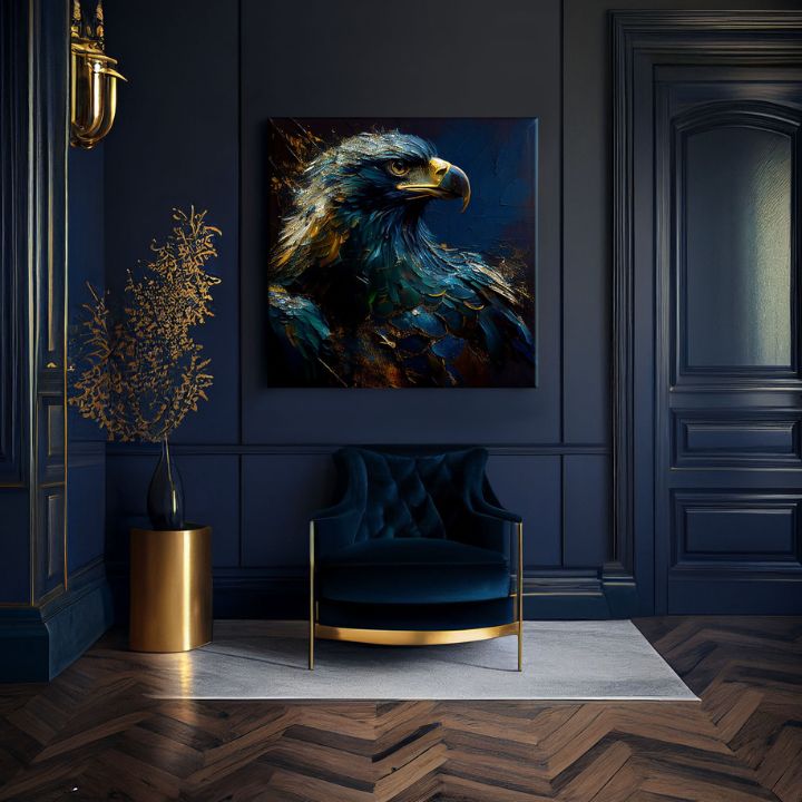 Art deco vászonkép motívummal: PREMIUM ART - Wilderness's Fearless Hunter, orol kék-arany árnyalatokban, fenséges hangulat, alkalmas a iroda számára – termék