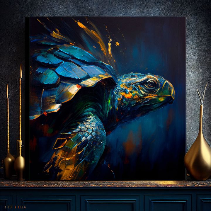 Pop art vászonkép motívummal: PREMIUM ART - Green Turtle Odyssey, óceán, táj, természet kék-arany árnyalatokban, nyugodt hangulat, alkalmas a nappali számára – termék