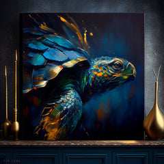 Pop art vászonkép motívummal: PREMIUM ART - Green Turtle Odyssey, óceán, táj, természet kék-arany árnyalatokban, nyugodt hangulat, alkalmas a nappali számára – termék