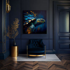 Pop art vászonkép motívummal: PREMIUM ART - Green Turtle Odyssey, óceán, táj, természet kék-arany árnyalatokban, nyugodt hangulat, alkalmas a nappali számára – termék, nézet 2