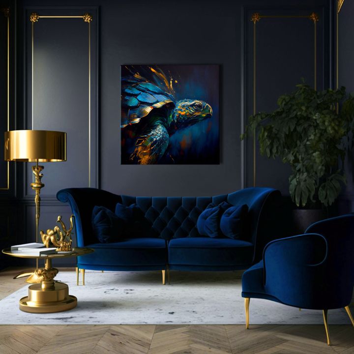 Pop art vászonkép motívummal: PREMIUM ART - Green Turtle Odyssey, óceán, táj, természet kék-arany árnyalatokban, nyugodt hangulat, alkalmas a nappali számára – termék, nézet 3