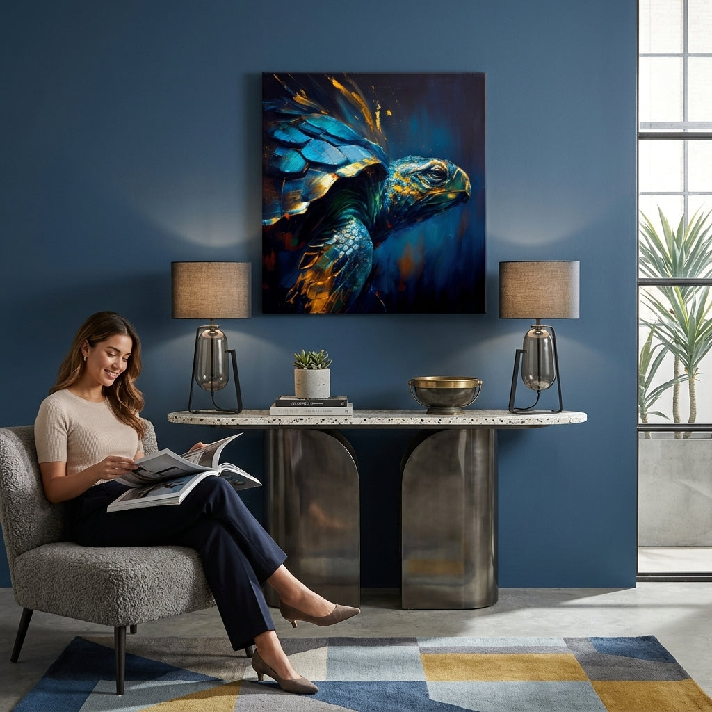 Pop art vászonkép motívummal: PREMIUM ART - Green Turtle Odyssey, óceán, táj, természet kék-arany árnyalatokban felakasztva az enteriőrben nappali számára – enteriőr