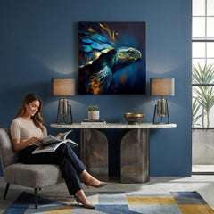 Pop art vászonkép motívummal: PREMIUM ART - Green Turtle Odyssey, óceán, táj, természet kék-arany árnyalatokban felakasztva az enteriőrben nappali számára – enteriőr