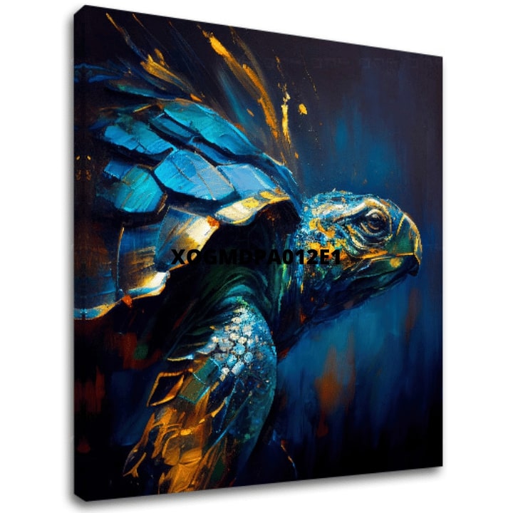 Pop art vászonkép motívummal: PREMIUM ART - Green Turtle Odyssey, óceán, táj, természet kék-arany árnyalatokban, nyugodt hangulat, alkalmas a nappali számára – fő