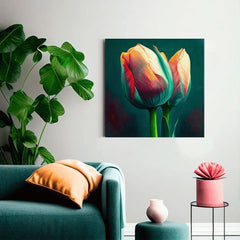 Pop art vászonkép motívummal: Nádych jari na stene, tulipánok, virágok, természet kék-narancs árnyalatokban, elegáns hangulat, alkalmas a konyha számára – termék