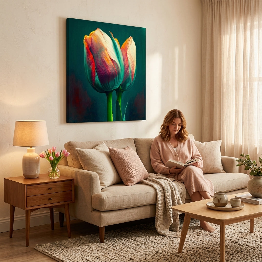 Pop art vászonkép motívummal: Nádych jari na stene, tulipánok, virágok, természet kék-narancs árnyalatokban felakasztva az enteriőrben konyha számára, természet és tavaszi hangulat – enteriőr