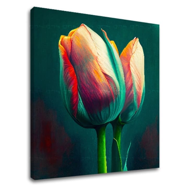 Pop art vászonkép motívummal: Nádych jari na stene, tulipánok, virágok, természet kék-narancs árnyalatokban, elegáns hangulat, alkalmas a konyha számára – fő
