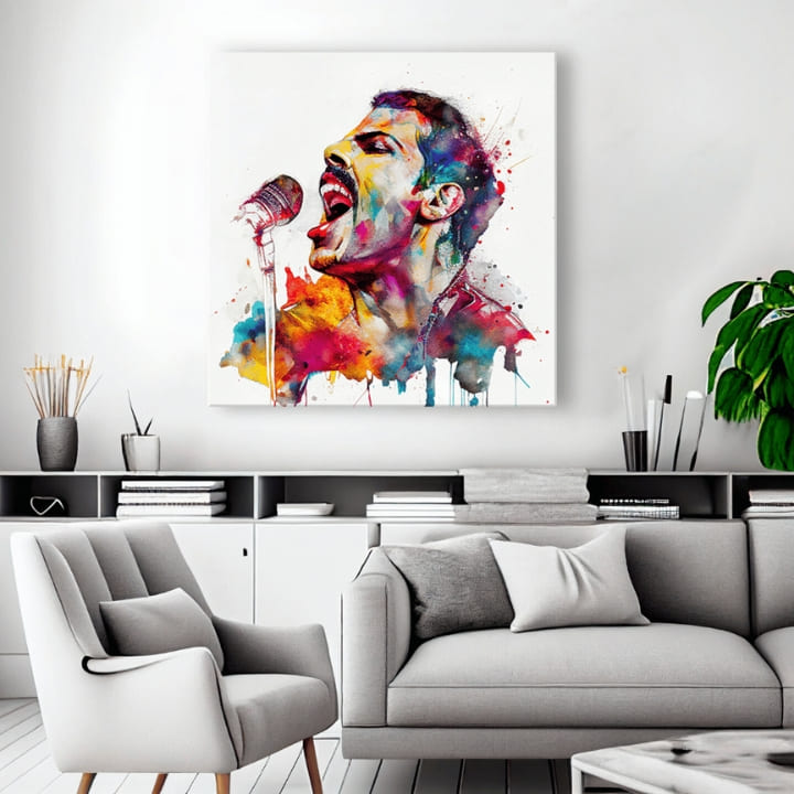 Pop art vászonkép motívummal: Ikonický rebel Freddie Mercury, mikrofon lila-kék árnyalatokban, energikus hangulat, rock and roll, alkalmas a dolgozószoba számára – termék