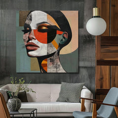 Pop art vászonkép motívummal: nő, arc, emberek bézs-kék árnyalatokban, stílusos hangulat, szépség, alkalmas a iroda számára | Elegáns kép nő Harmónia tvarov – termék, nézet 2