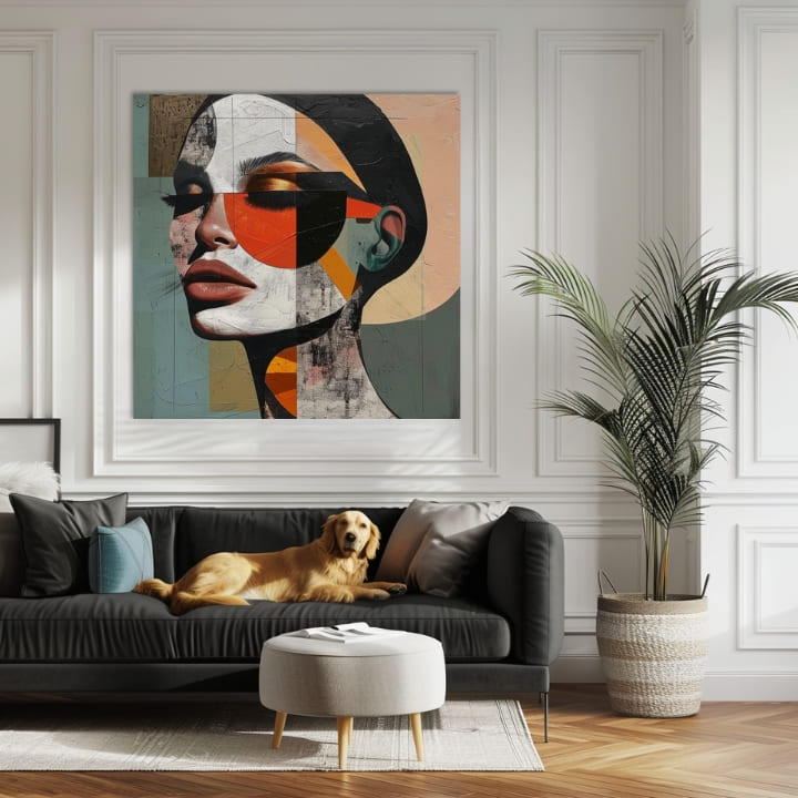 Pop art vászonkép motívummal: nő, arc, emberek bézs-kék árnyalatokban, stílusos hangulat, szépség, alkalmas a iroda számára | Elegáns kép nő Harmónia tvarov – termék