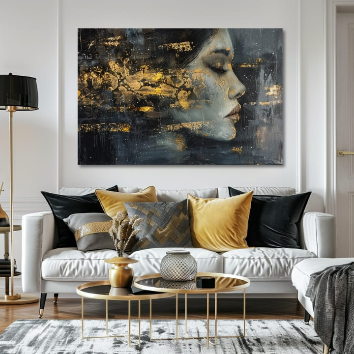 Art deco vászonkép kék-arany árnyalatokban, nyugodt hangulat, alkalmas a nappali számára | Elegáns kép nő Záhadná cudzinka – termék
