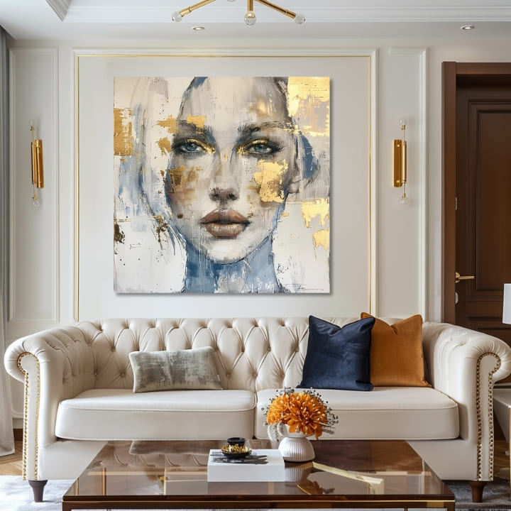 Art deco vászonkép motívummal: nő, arc, emberek fehér-bézs árnyalatokban, éteri hangulat, elegancia, alkalmas a nappali számára | Elegáns kép nő Prenikavý nézet – termék
