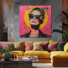 Pop art vászonkép motívummal: nő, portré, emberek narancs-rózsaszín árnyalatokban, merész hangulat, városi élet és popkultúra, alkalmas a iroda számára – termék, nézet 2