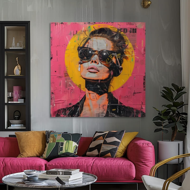 Pop art vászonkép motívummal: nő, portré, emberek narancs-rózsaszín árnyalatokban, merész hangulat, városi élet és popkultúra, alkalmas a iroda számára – termék