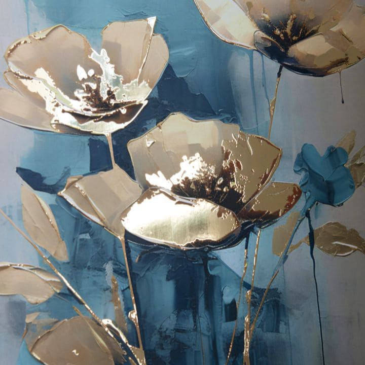 Modern vászonkép arany-türkiz árnyalatokban, elegáns hangulat, természet és luxus hatás | Fali poszter s EXTRA efektom - Teal Flowers – termék, nézet 2