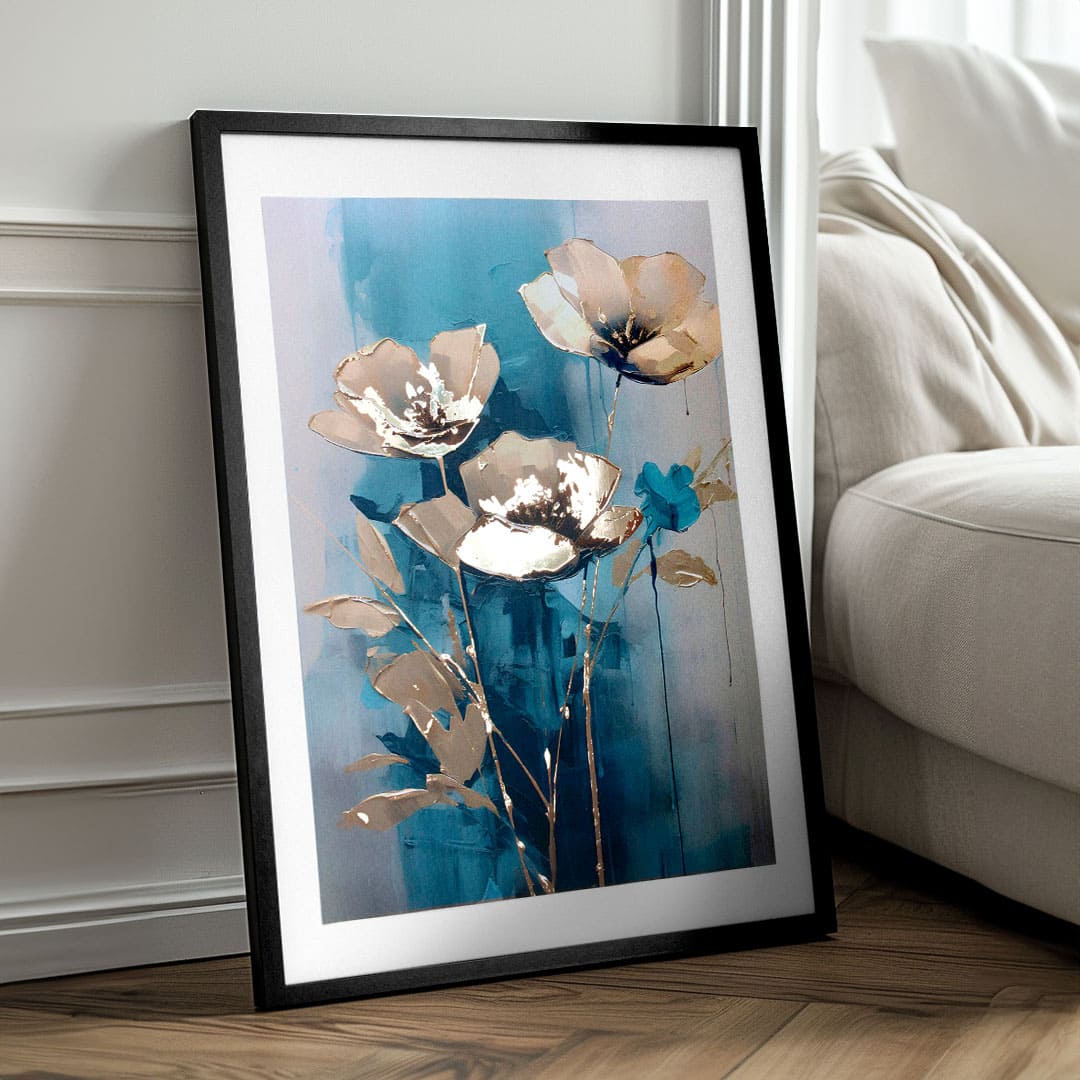 Modern vászonkép arany-türkiz árnyalatokban, elegáns hangulat, természet és luxus hatás | Fali poszter s EXTRA efektom - Teal Flowers – termék