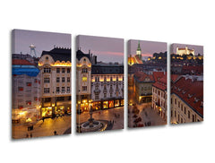 Klasszikus vászonkép motívummal: SZLOVÁKIA, városi panoráma, vár, torony, építészet lila-rózsaszín árnyalatokban, nyugodt hangulat, többrészes kivitel – fő