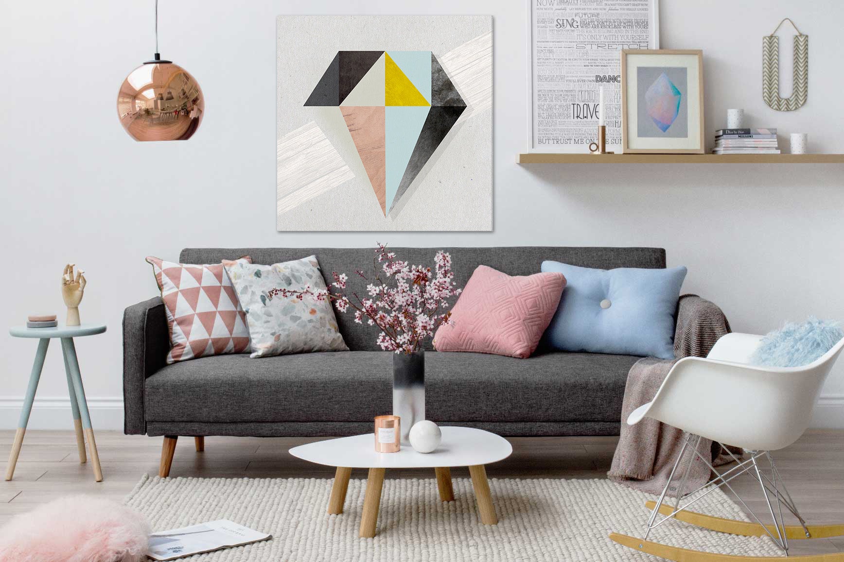 Pop art vászonkép motívummal: Shade or Boundary fehér-narancs árnyalatokban felakasztva az enteriőrben nappali számára, nyugodt hangulat | Fali kép Shade or Boundary – enteriőr