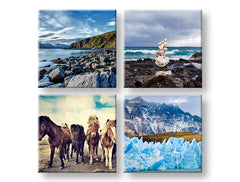 Boho stílusú vászonkép motívummal: Walking through the Iceland, lovak, hegyek, táj, tenger és tengerpart kék-zöld árnyalatokban, többrészes kivitel – fő