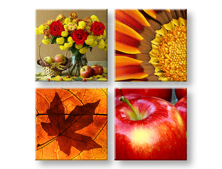 Kollázs vászonkép motívummal: The smell of Autumn, rózsák, slnečnica, virágok, természet narancs-piros árnyalatokban, meleg hangulat, többrészes kivitel – fő
