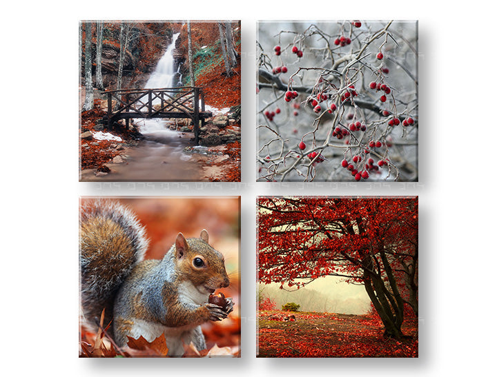 Kollázs vászonkép motívummal: Beauty of Autumn, vízesés, táj, természet barna-narancs árnyalatokban, nyugodt hangulat, többrészes kivitel – fő